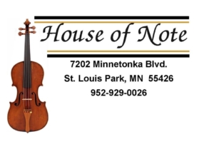 Image of a Violin, and words: House of Note, 7202 Minnetonka Blvd, St louis park, MN
